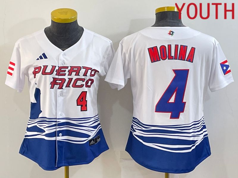 Youth 2023 World Cub Puerto Rico #4 Molina White MLB Jersey->youth mlb jersey->Youth Jersey
